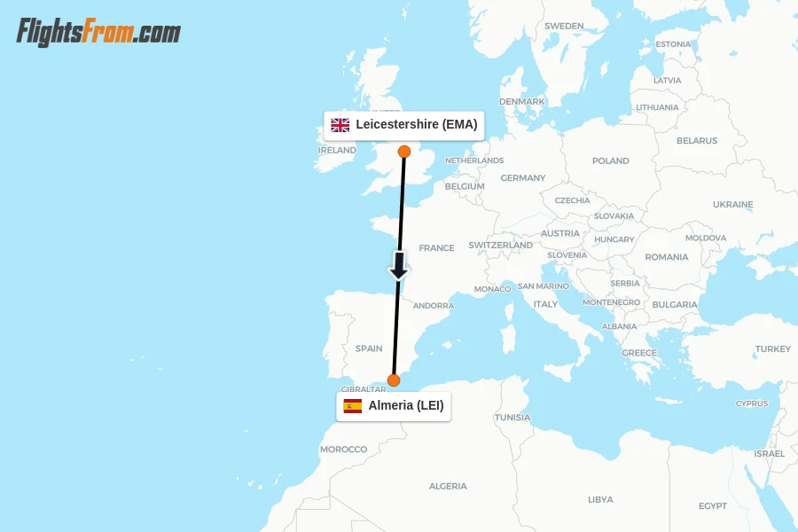 Flights from Leicestershire to Almeria route map