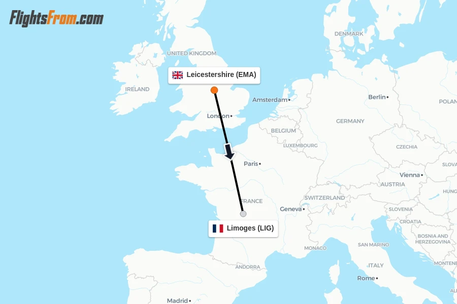 Flights from Leicestershire to Limoges route map