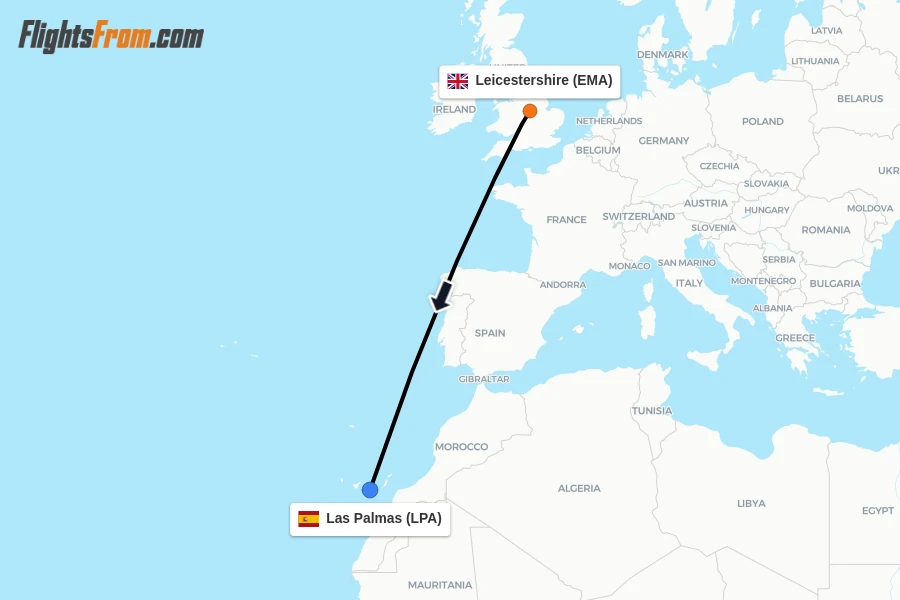 Flights from Leicestershire to Las Palmas route map