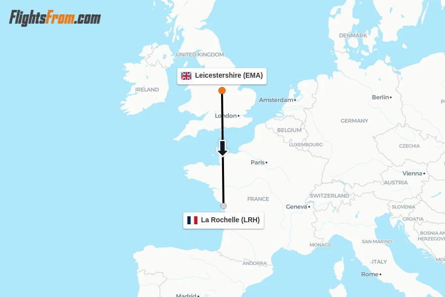 Flights from Leicestershire to La Rochelle route map
