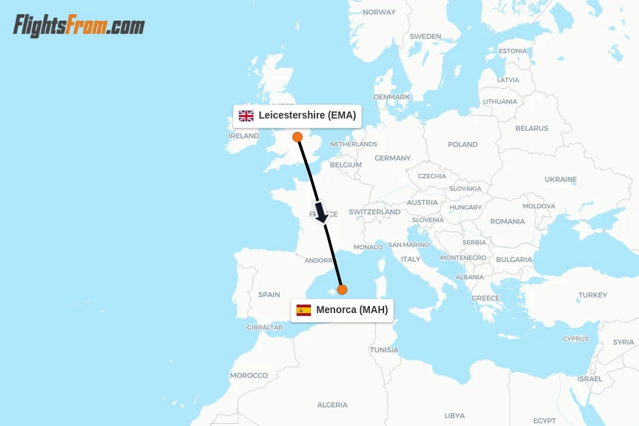 Flights from Leicestershire to Menorca route map