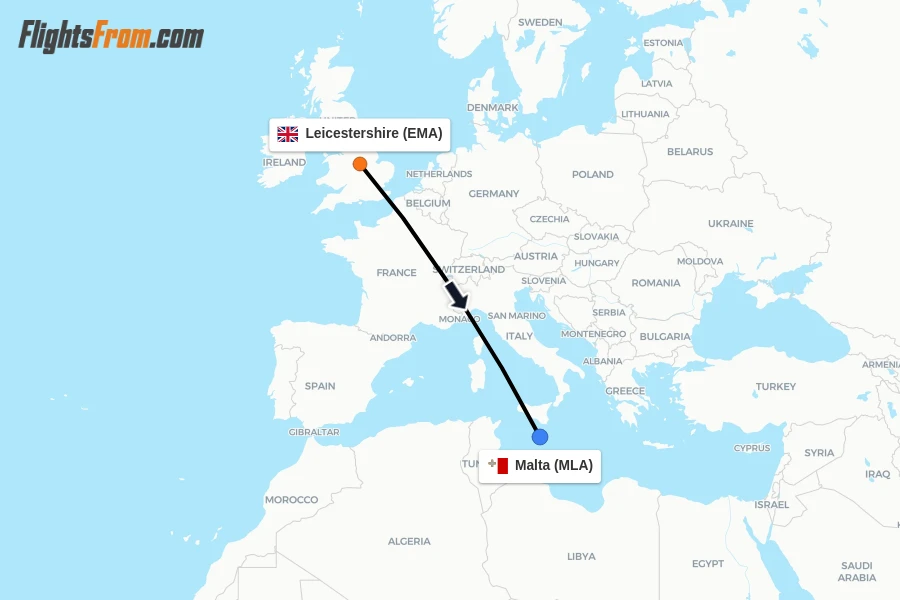 Flights from Leicestershire to Malta route map