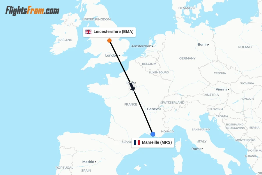 Flights from Leicestershire to Marseille route map