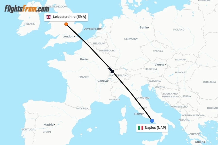 Flights from Leicestershire to Naples route map