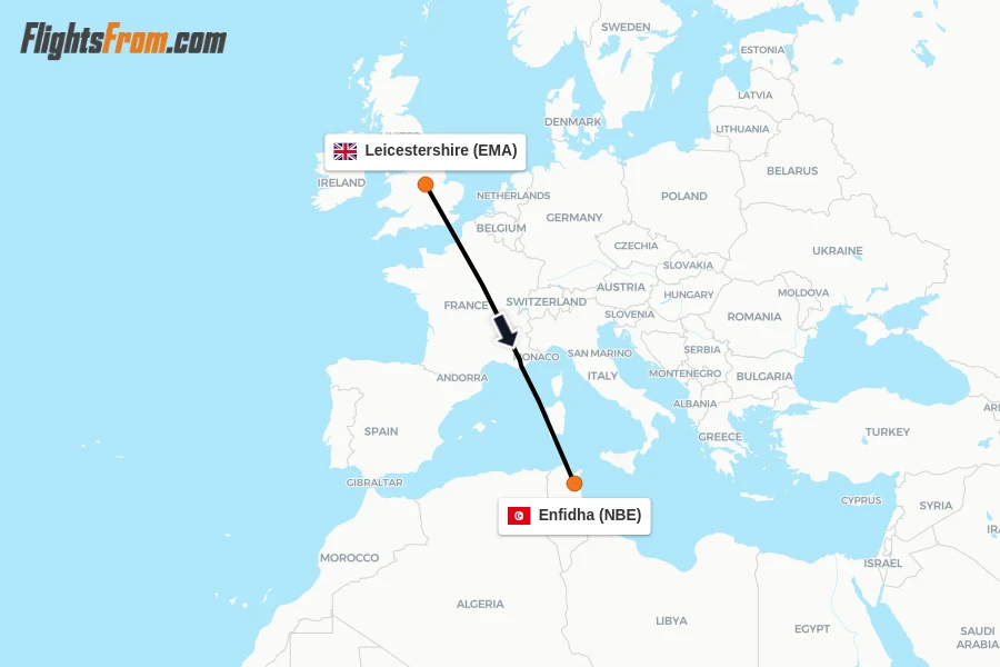 Flights from Leicestershire to Enfidha route map