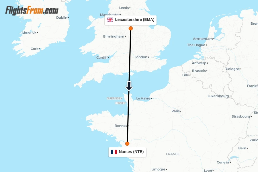 Flights from Leicestershire to Nantes route map
