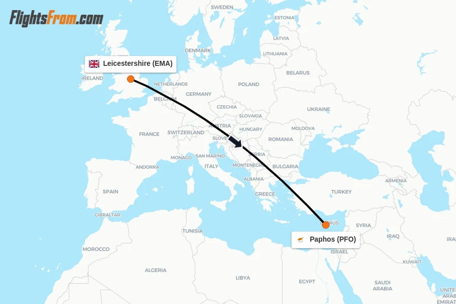 Flights from Leicestershire to Paphos route map