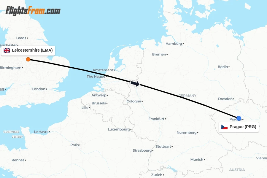 Flights from Leicestershire to Prague route map