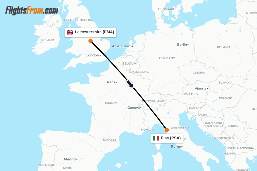 Flights from Leicestershire to Pisa route map