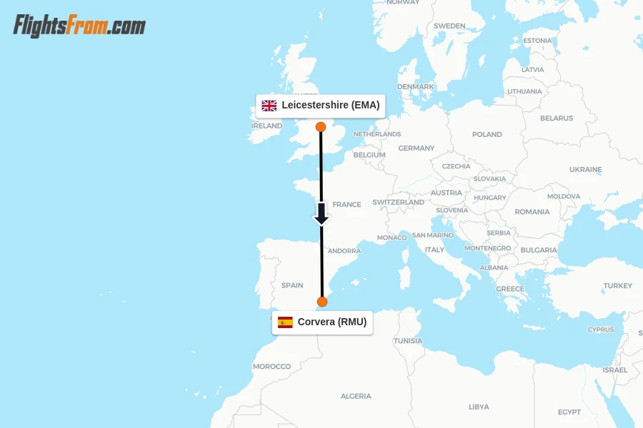 Flights from Leicestershire to Corvera route map