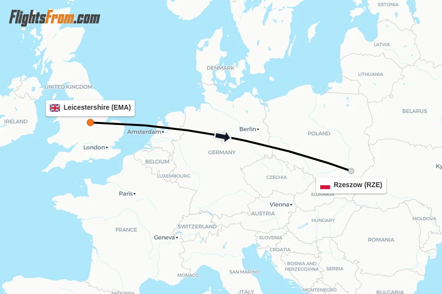 Flights from Leicestershire to Rzeszow route map
