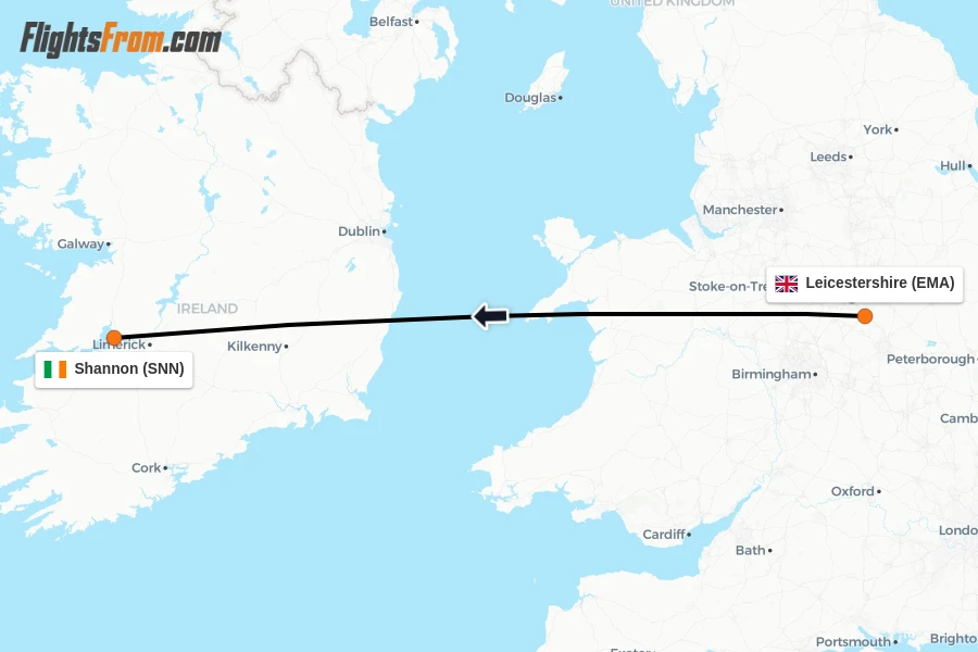 Flights from Leicestershire to Shannon route map