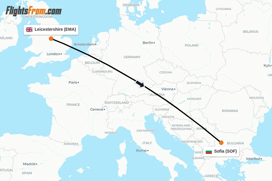 Flights from Leicestershire to Sofia route map