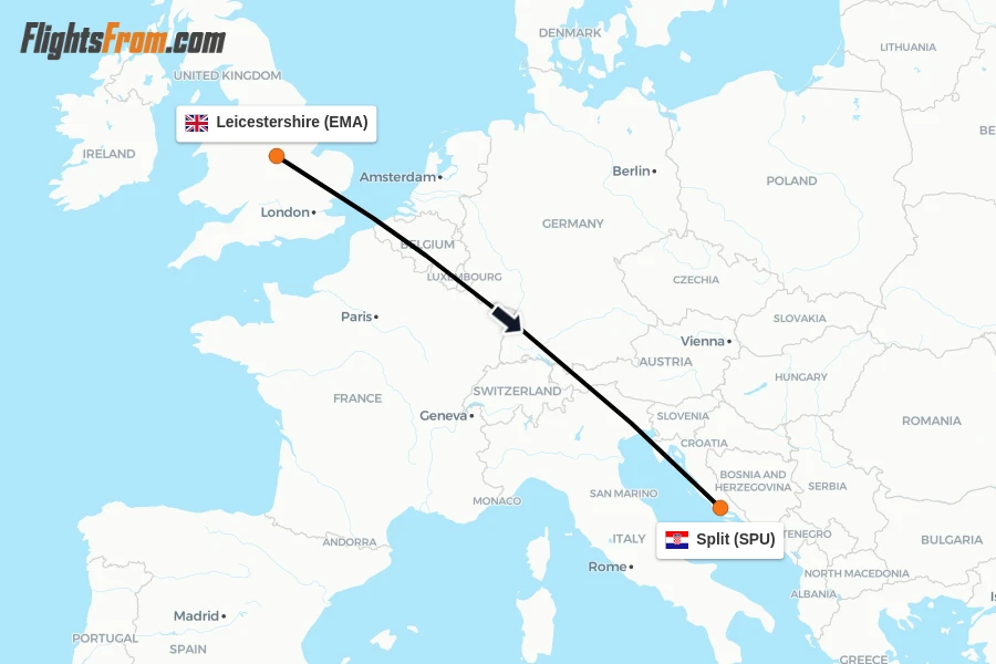 Flights from Leicestershire to Split route map