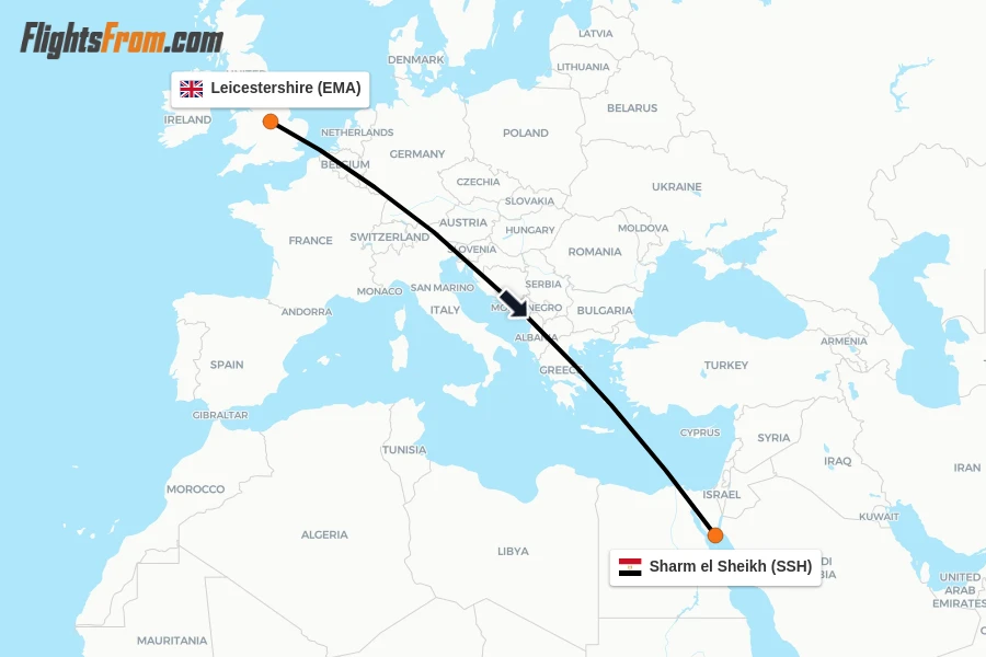 Flights from Leicestershire to Sharm el Sheikh route map