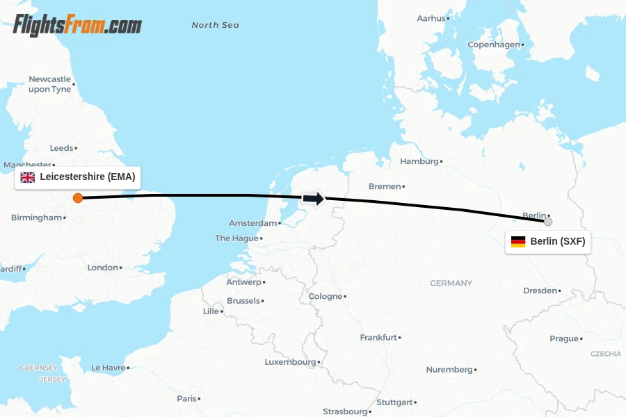 Flights from Leicestershire to Berlin route map