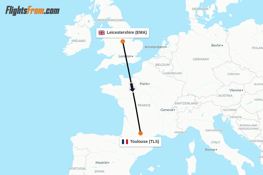 Flights from Leicestershire to Toulouse route map