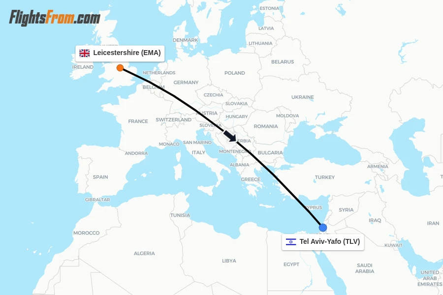 Flights from Leicestershire to Tel Aviv-Yafo route map