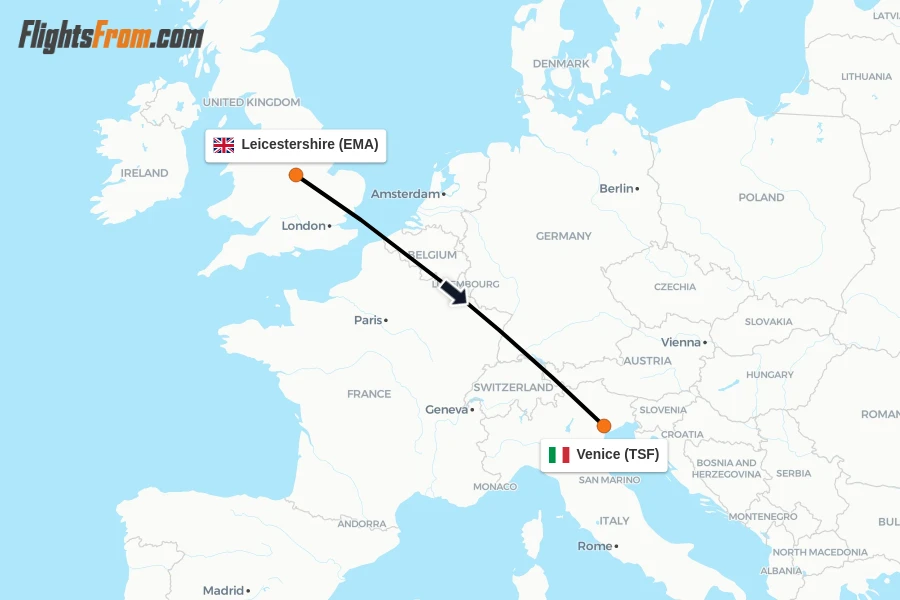 Flights from Leicestershire to Venice route map