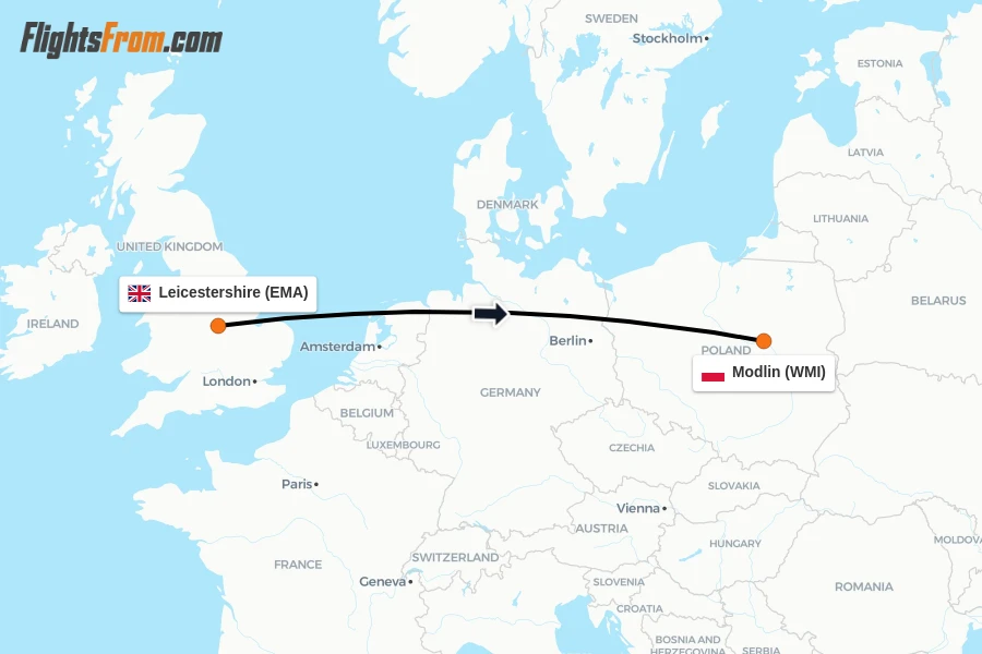 Flights from Leicestershire to Modlin route map