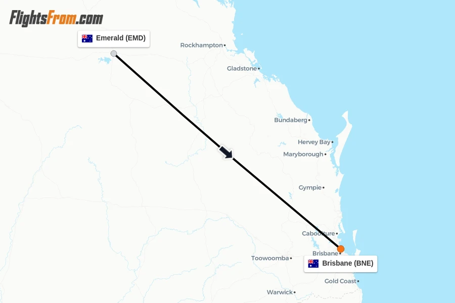 Flights from Emerald to Brisbane route map