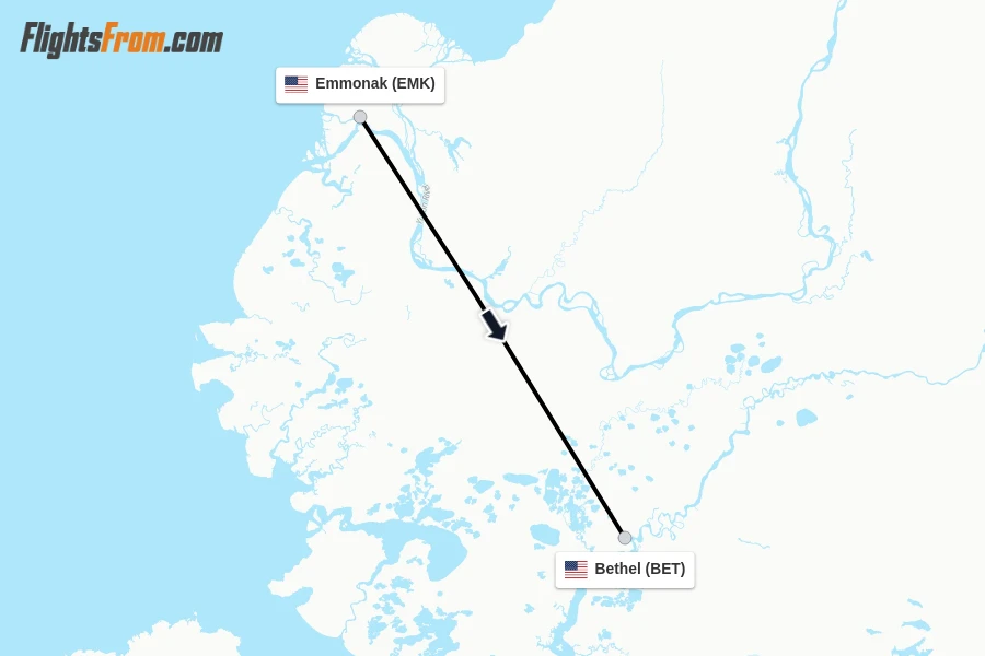 Flights from Emmonak to Bethel route map