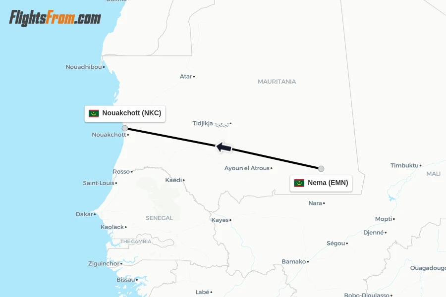 Flights from Nema to Nouakchott route map