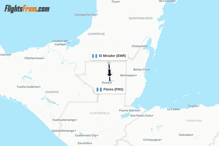 Flights from El Mirador to Flores route map