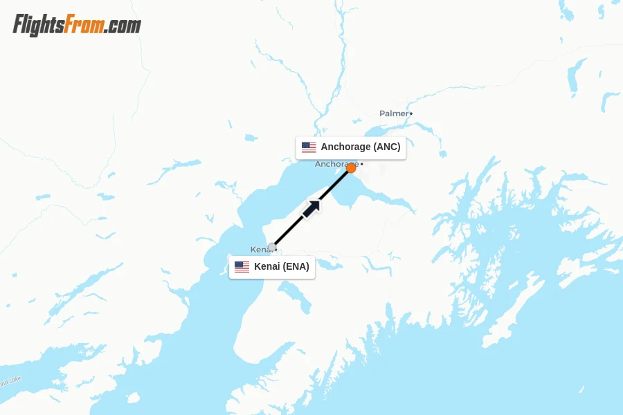 Flights from Kenai to Anchorage route map