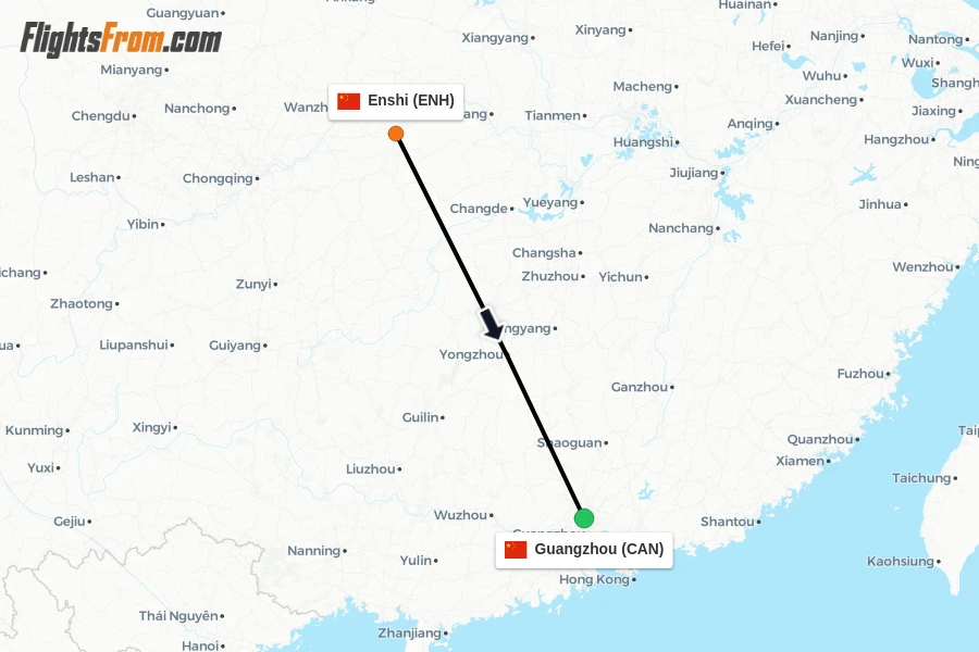 Flights from Enshi to Guangzhou route map