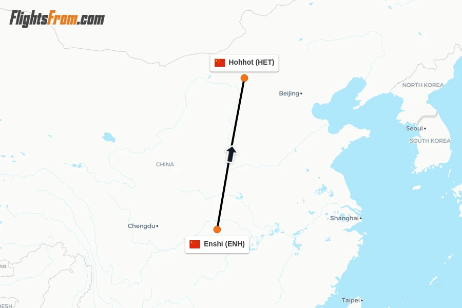 Flights from Enshi to Hohhot route map