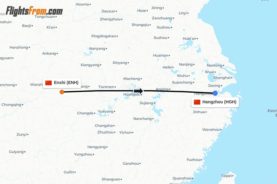 Flights from Enshi to Hangzhou route map
