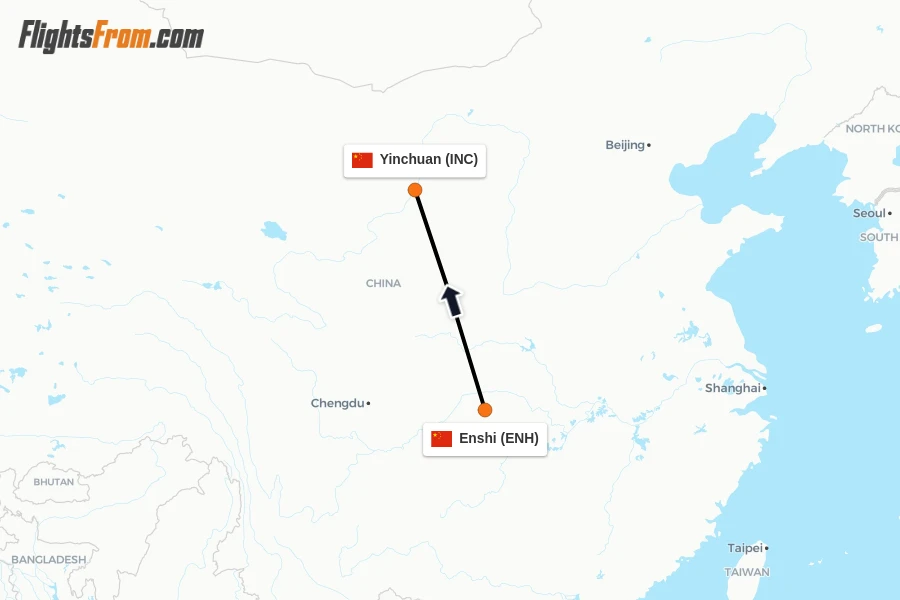Flights from Enshi to Yinchuan route map