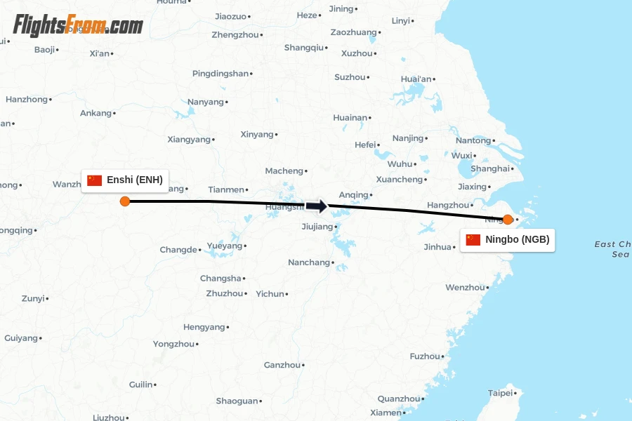 Flights from Enshi to Ningbo route map