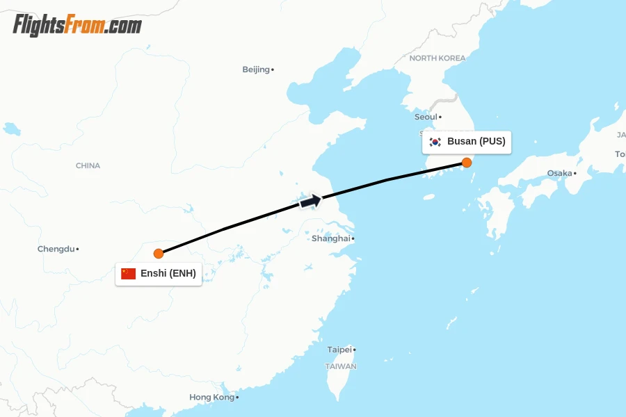Flights from Enshi to Busan route map