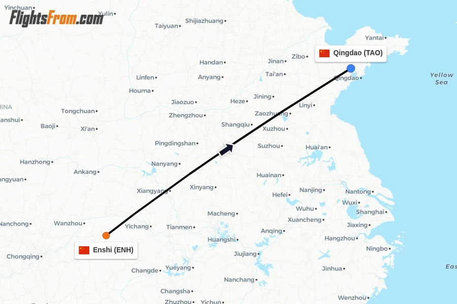 Flights from Enshi to Qingdao route map