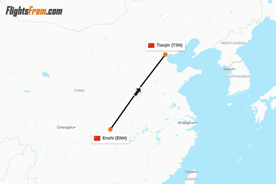 Flights from Enshi to Tianjin route map