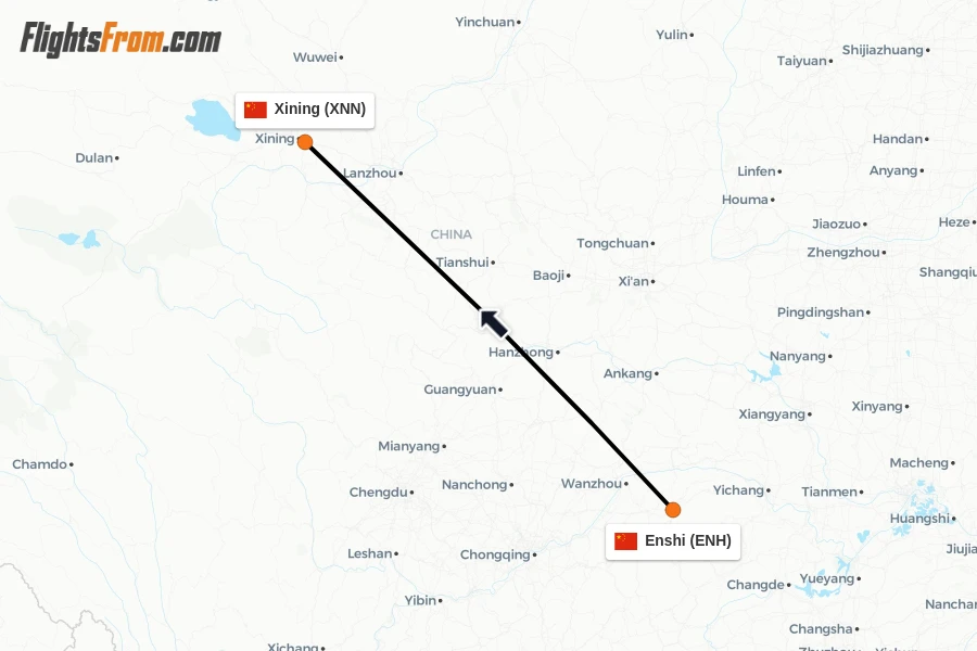 Flights from Enshi to Xining route map