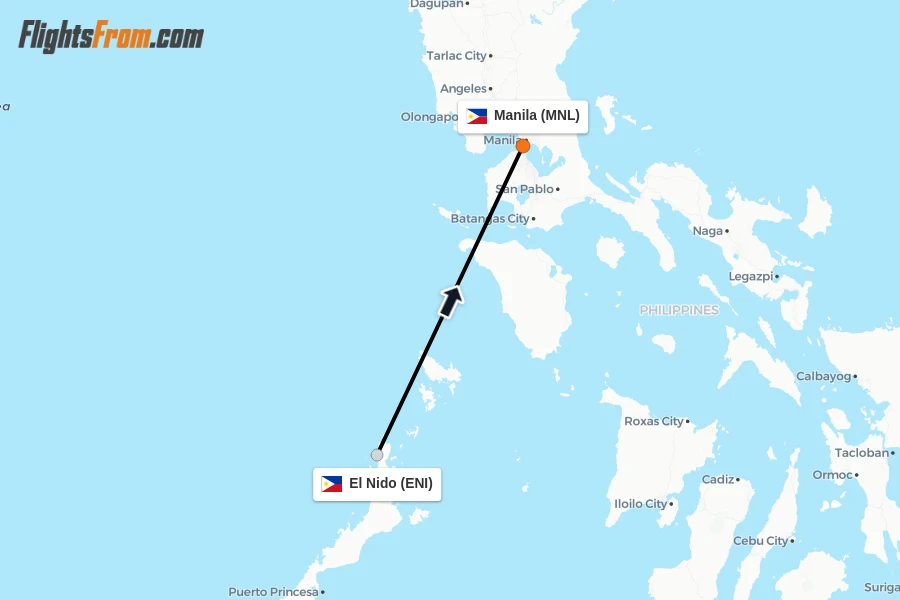 Flights from El Nido to Manila route map