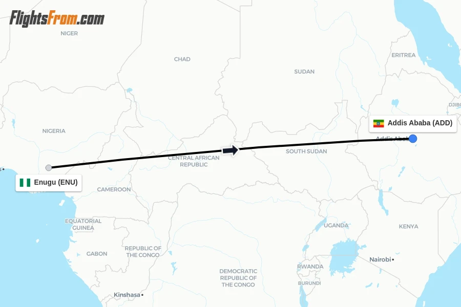 Flights from Enugu to Addis Ababa route map