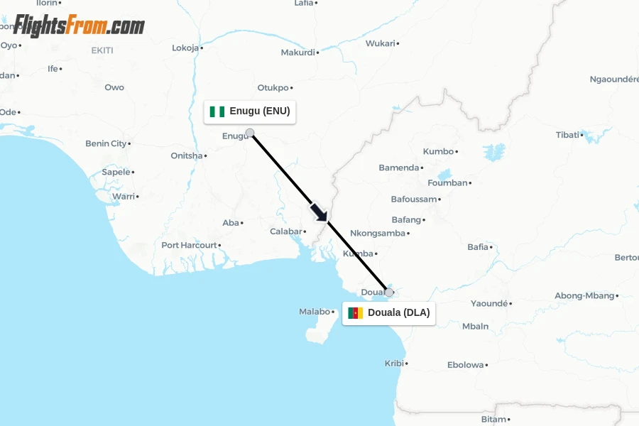 Flights from Enugu to Douala route map