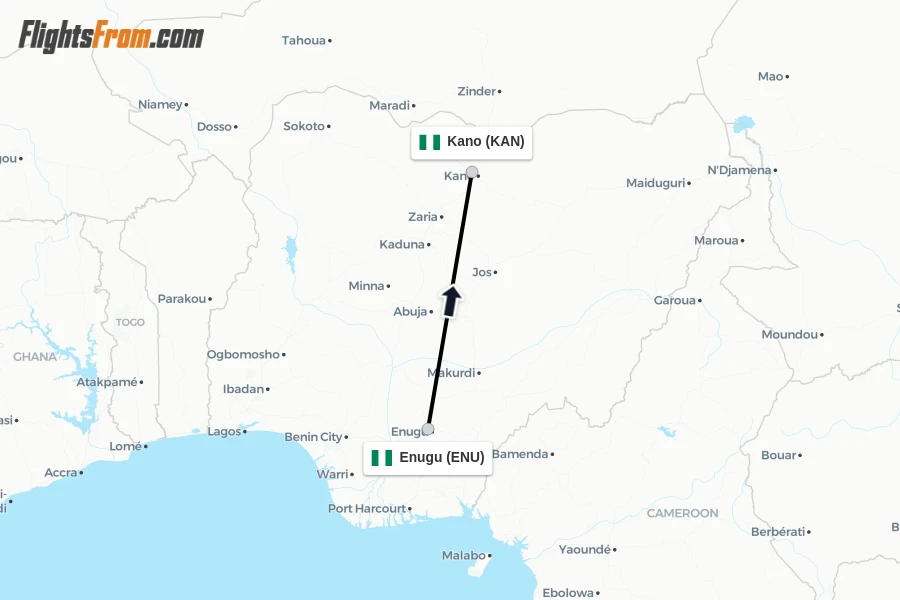 Flights from Enugu to Kano route map