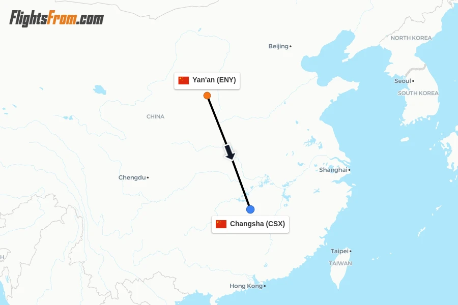 Flights from Yan'an to Changsha route map