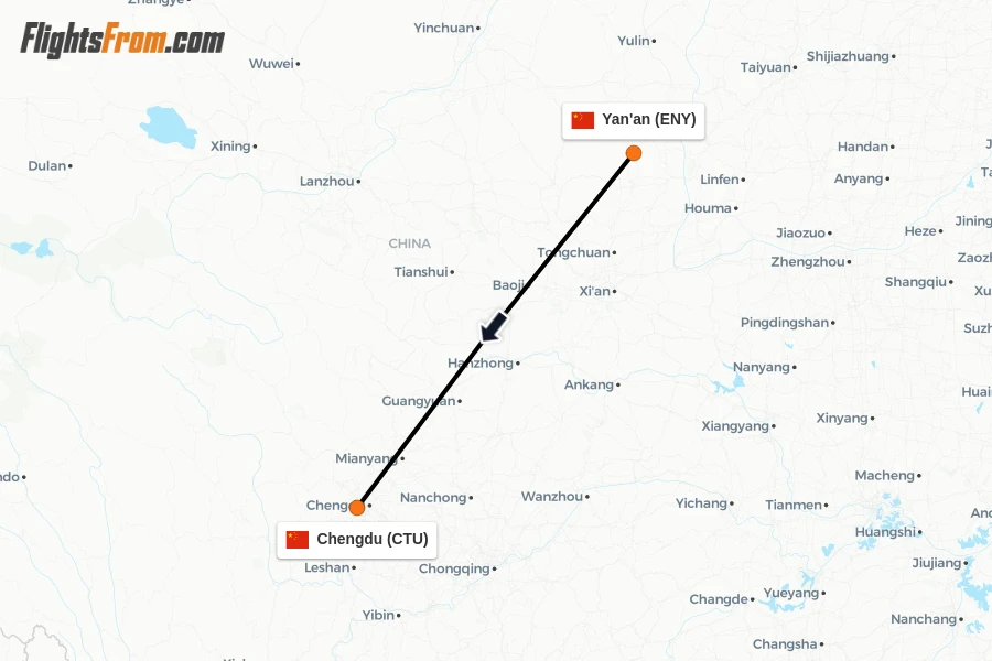 Flights from Yan'an to Chengdu route map