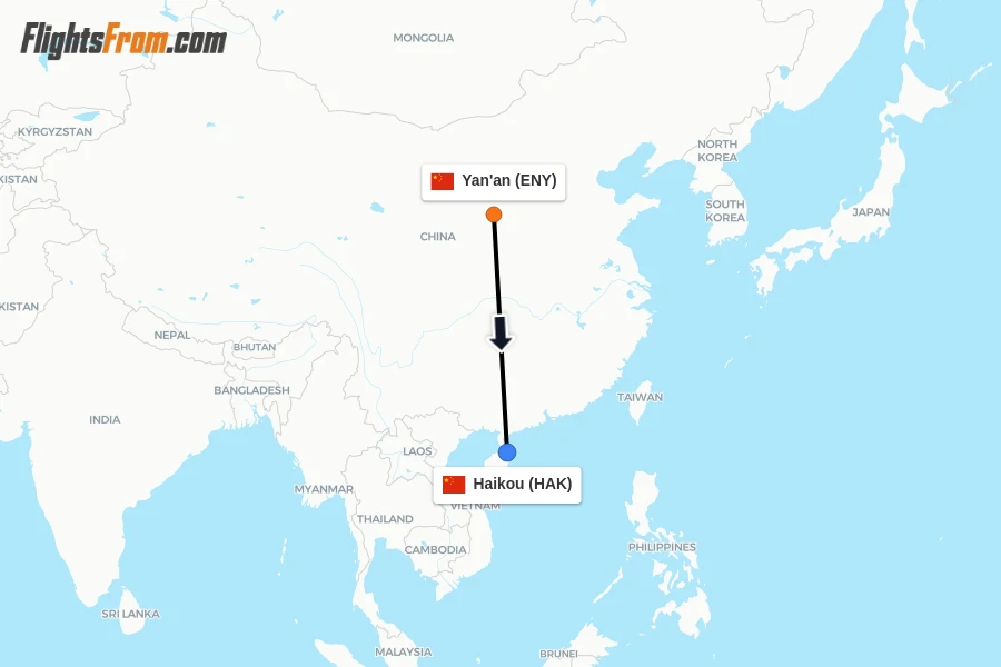 Flights from Yan'an to Haikou route map
