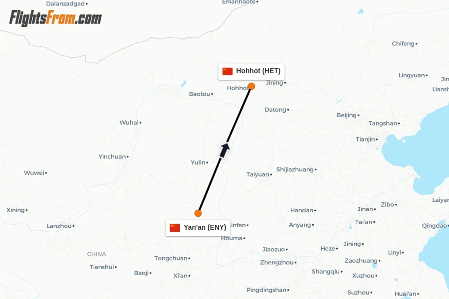 Flights from Yan'an to Hohhot route map