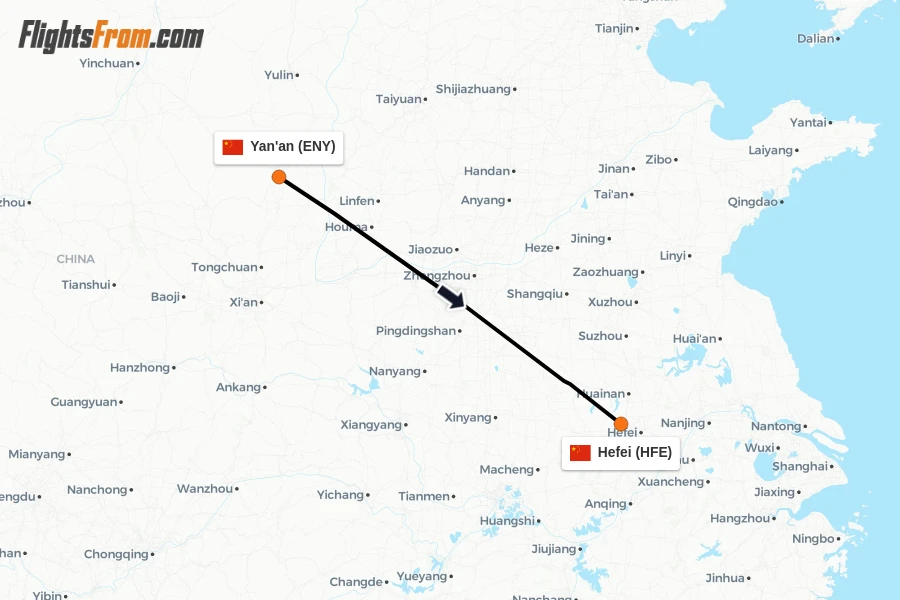 Flights from Yan'an to Hefei route map