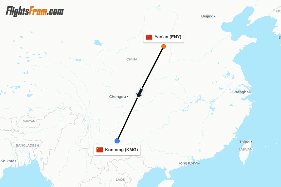 Flights from Yan'an to Kunming route map