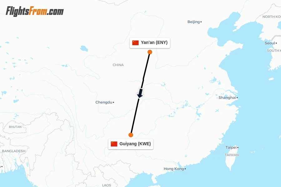 Flights from Yan'an to Guiyang route map