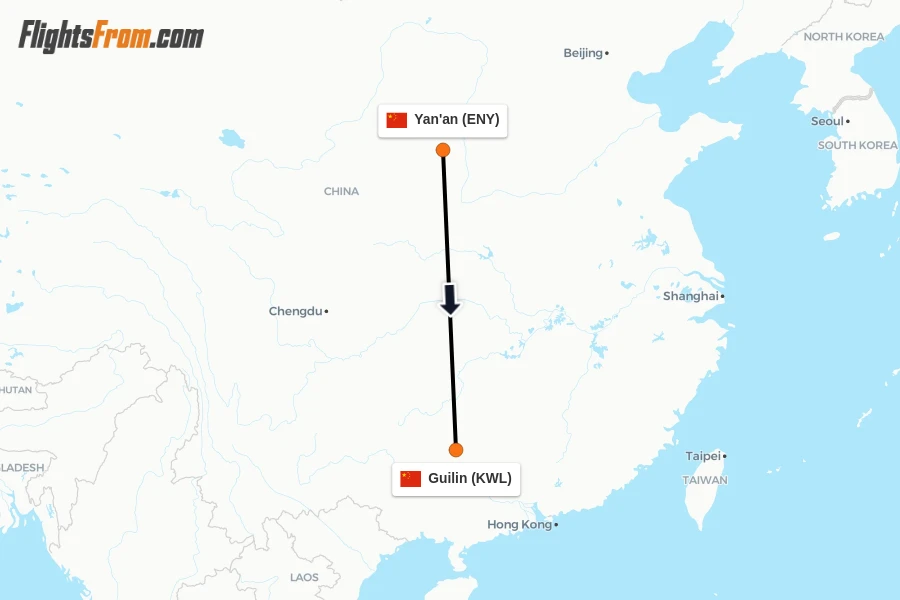 Flights from Yan'an to Guilin route map